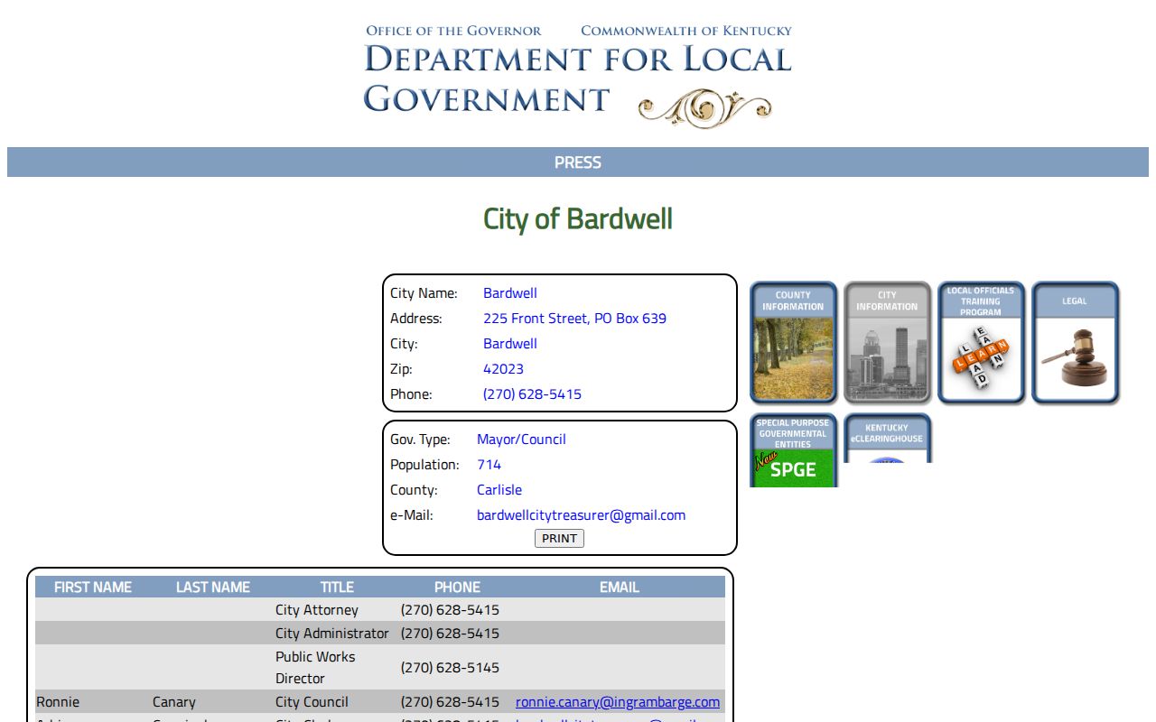 Bardwell criminal records contact details on the official Kentucky city profile