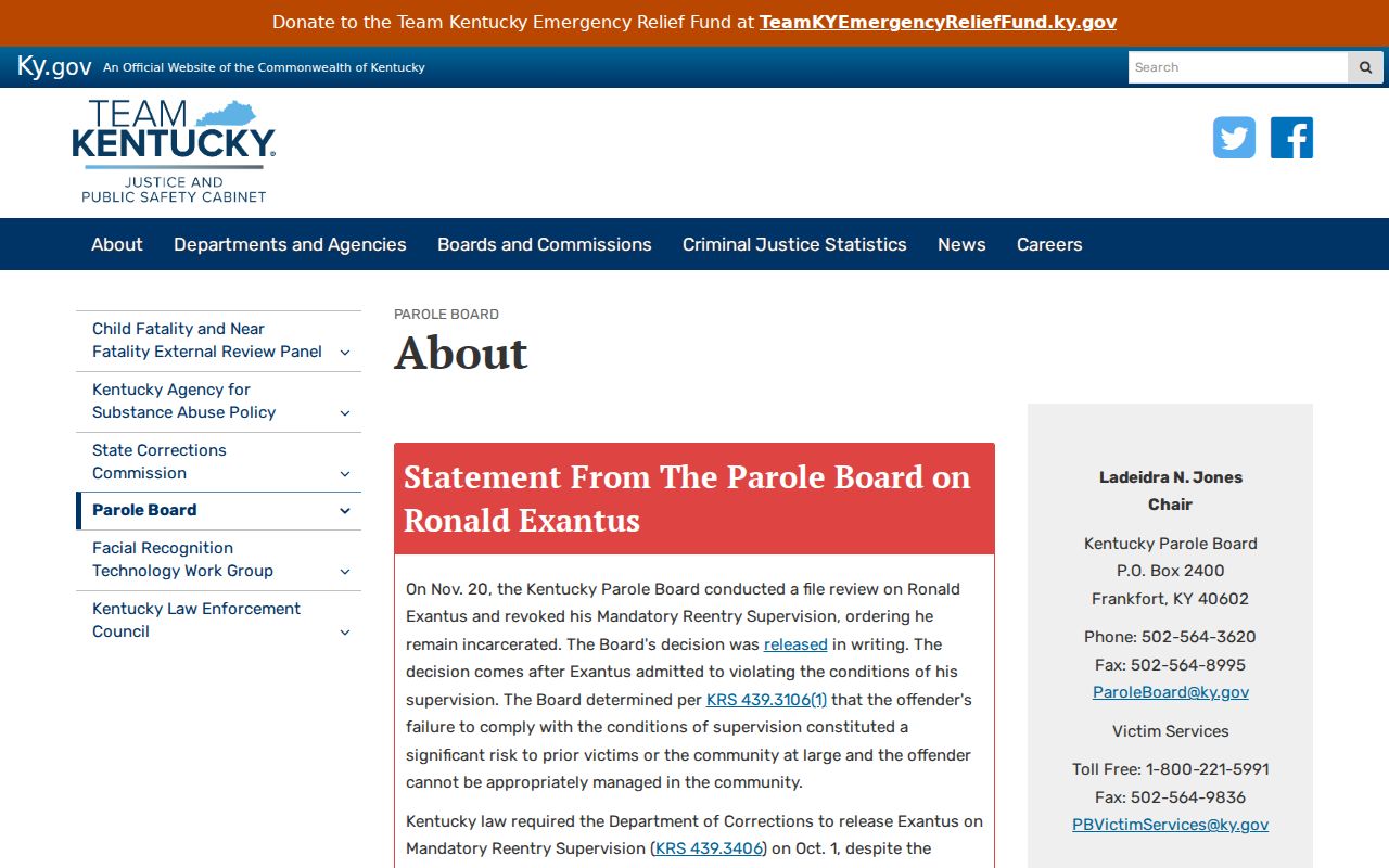 Carlisle County criminal history Kentucky Parole Board page